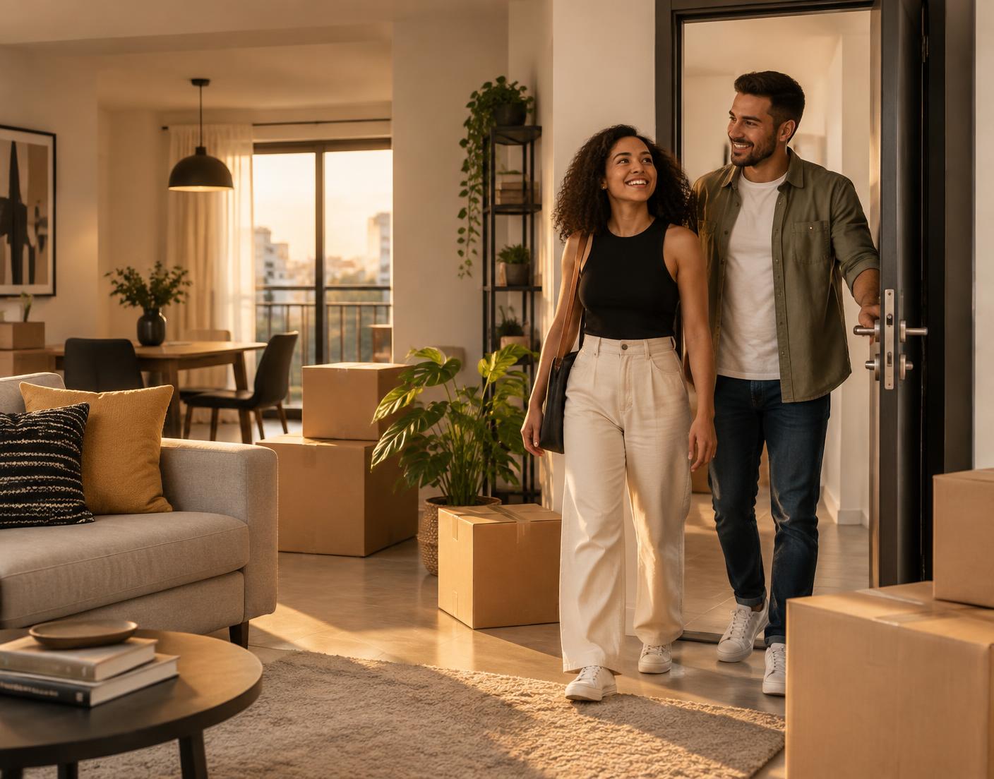Casal jovem chegando ao novo apartamento
