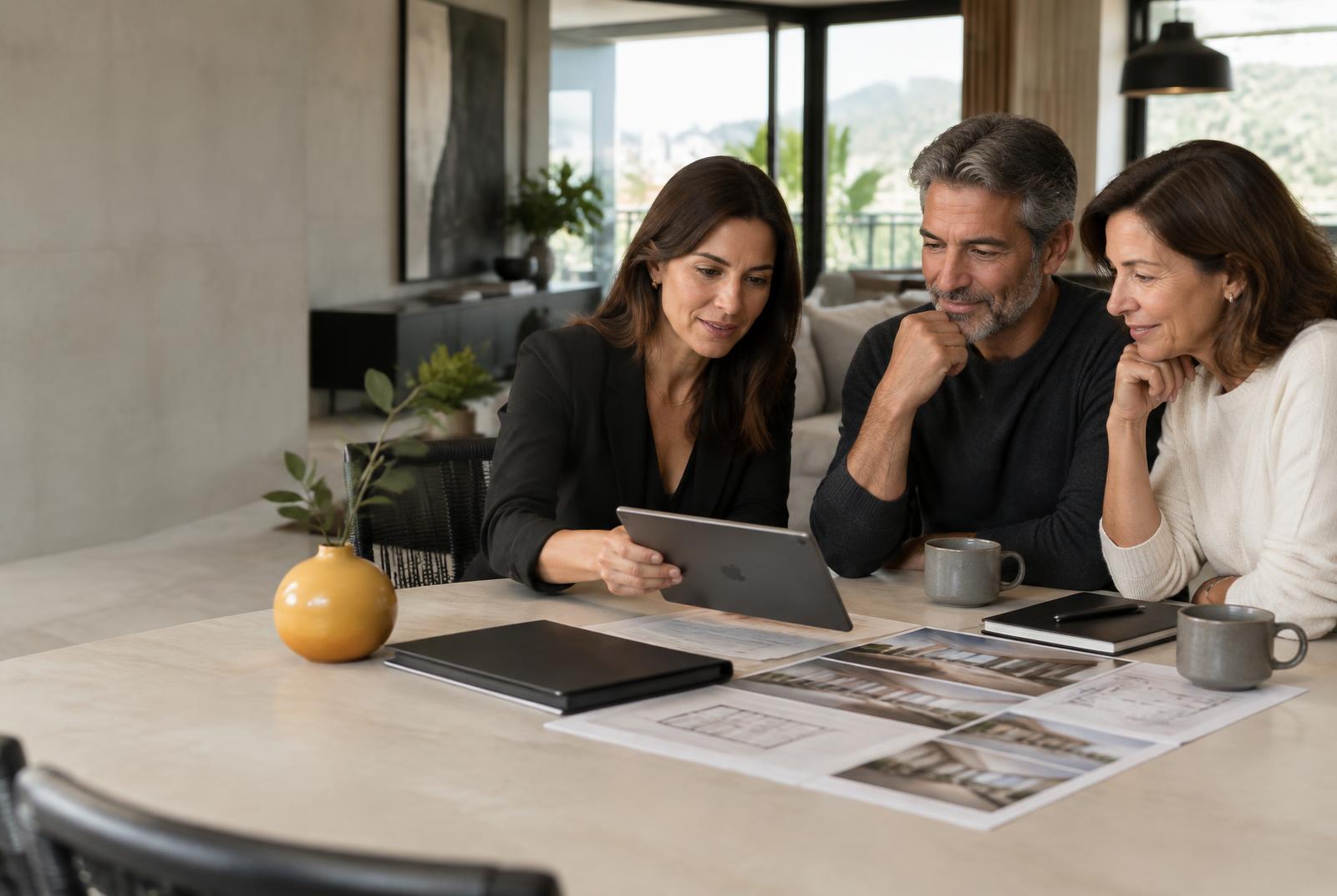 Atendimento imobiliário ilustrativo entre profissional e casal em residência contemporânea